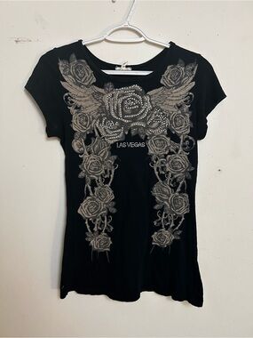 Black Embellished Floral 'Las Vegas' Short Sleeve Tee